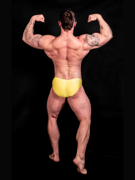 RIASENÉ YELLOW BODYBUILDING TRUNKS IFBB, NPC ( DĹŽKA BOČNEJ STRANY 5CM )